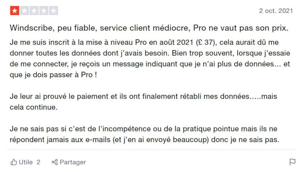 Avis négatif sur Windscribe sur TrustPilot