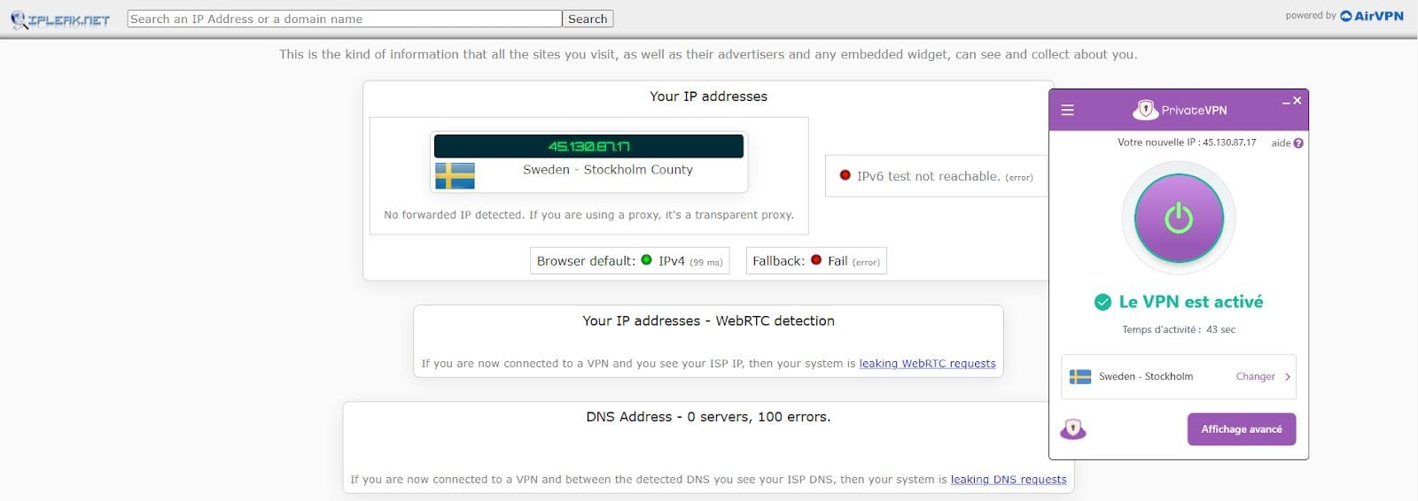 Test d'adresse IP avec PrivateVPN