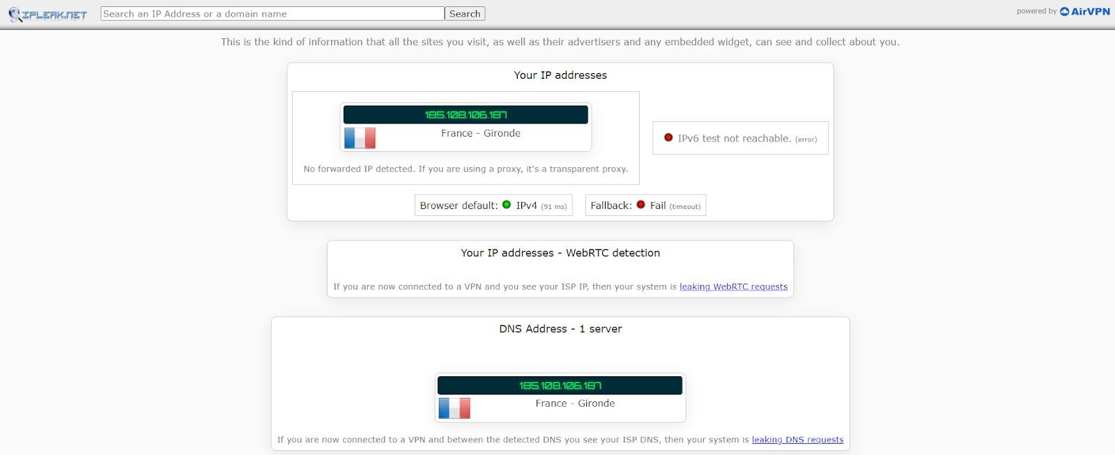 Test d'adresse IP sans PrivateVPN