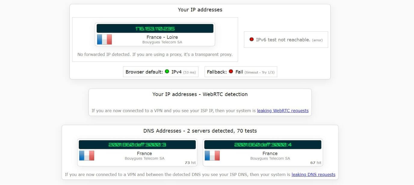 Test d'adresse IP sans iTop VPN