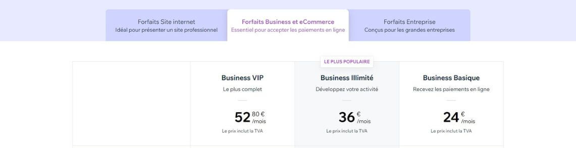 Exemples de tarif chez Wix