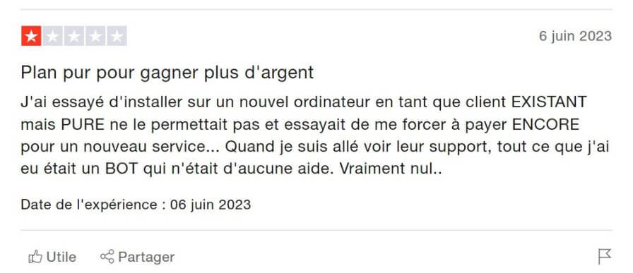 Avis sur PureVPN sur TrustPilot