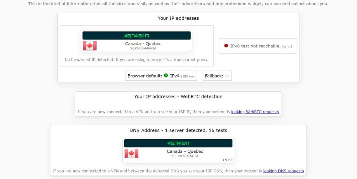 Test d'adresse IP avec Ivacy VPN connecté au Canada