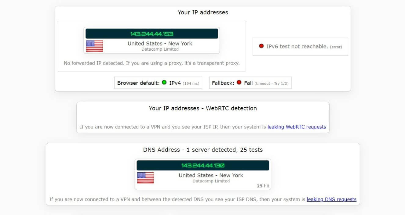 Test d'adresse IP avec PureVPN connecté aux États-Unis