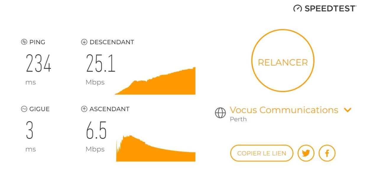 Test de la vitesse de connexion avec Ivacy VPN connecté en Australie