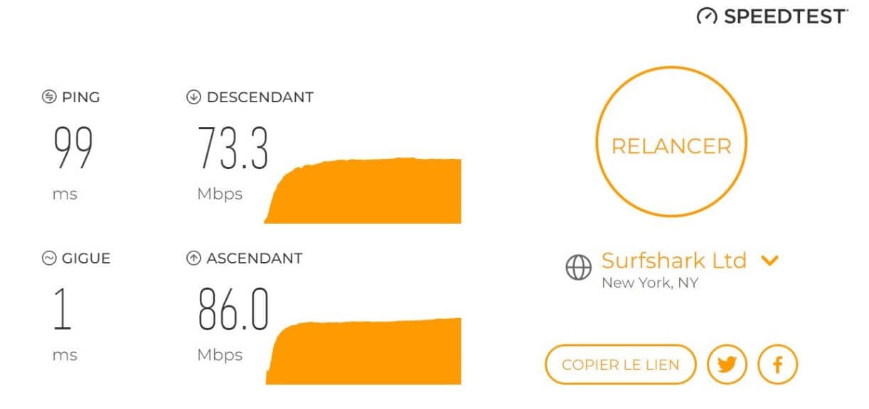 Test des vitesses de connexion avec PureVPN connecté aux États-Unis