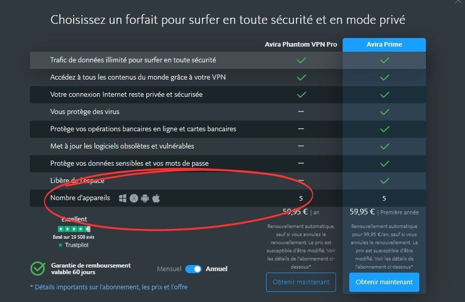 Connexions simultanées avec Avira Phantom VPN