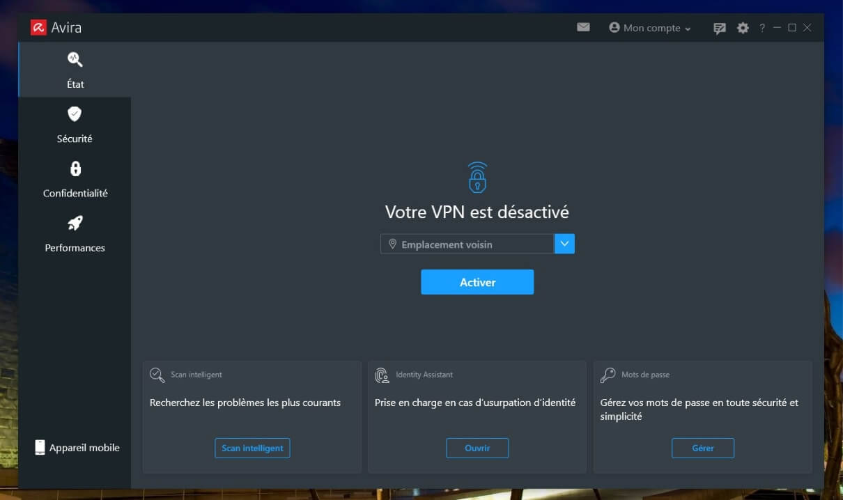 Interface Windows d'Avira Phantom VPN