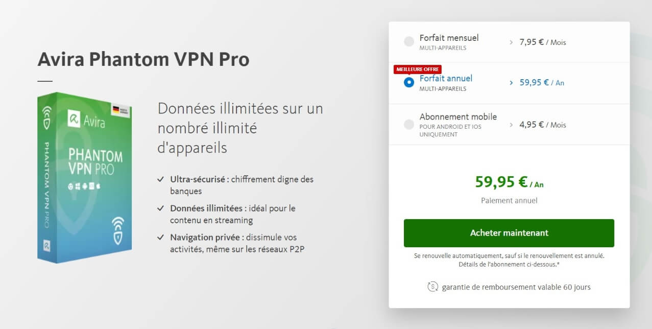 Tarifs Avira Phantom VPN