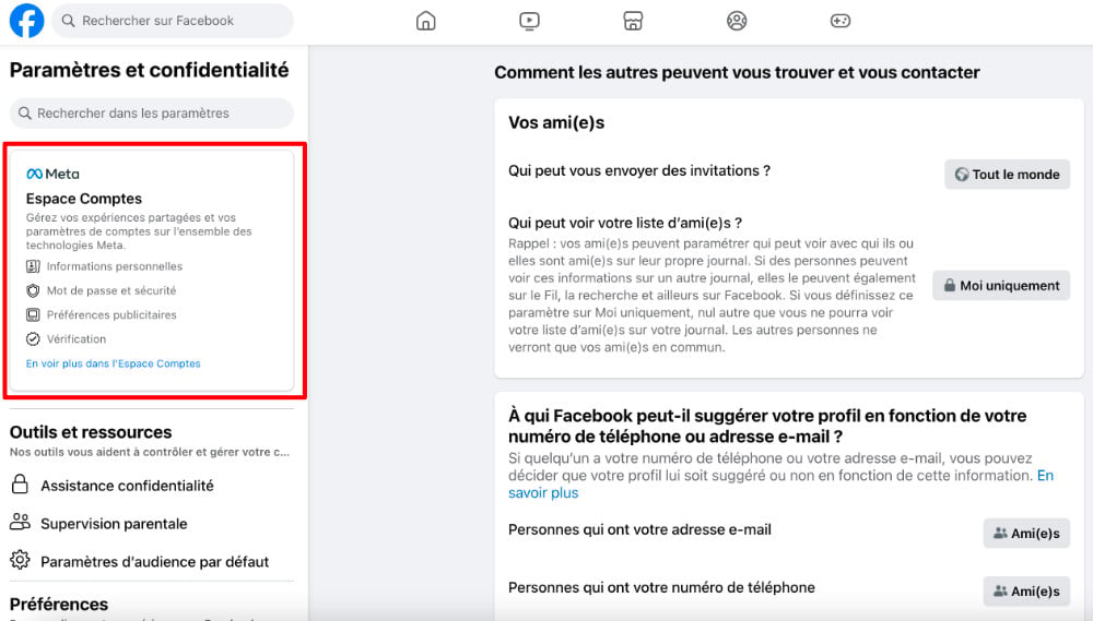 Facebook Parametre Confidentialite Espace Comptes