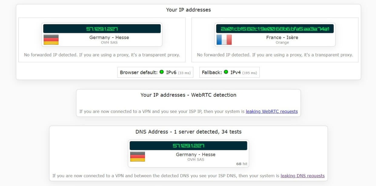 Test d'adresse IP avec Planet VPN connecté en Allemagne