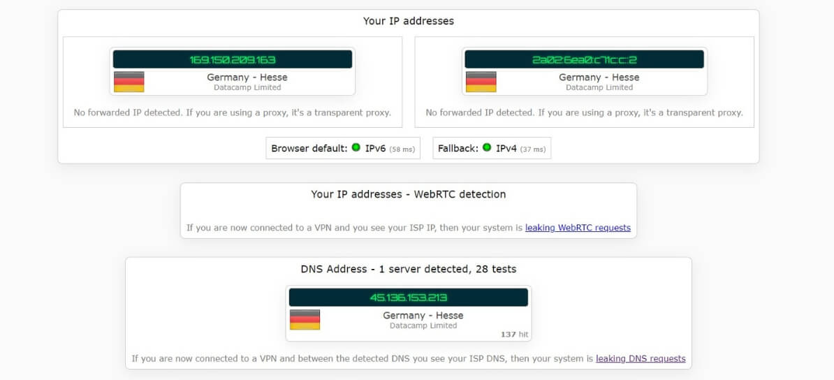 Test d'IP avec AdGuard VPN connecté en Allemagne