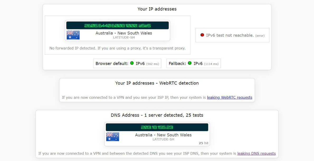 Test d'adresse IP avec Betternet connecté en Australie