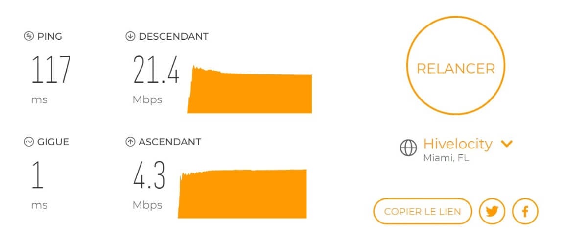 Test de la vitesse de connexion avec AdGuard VPN connecté aux États-Unis