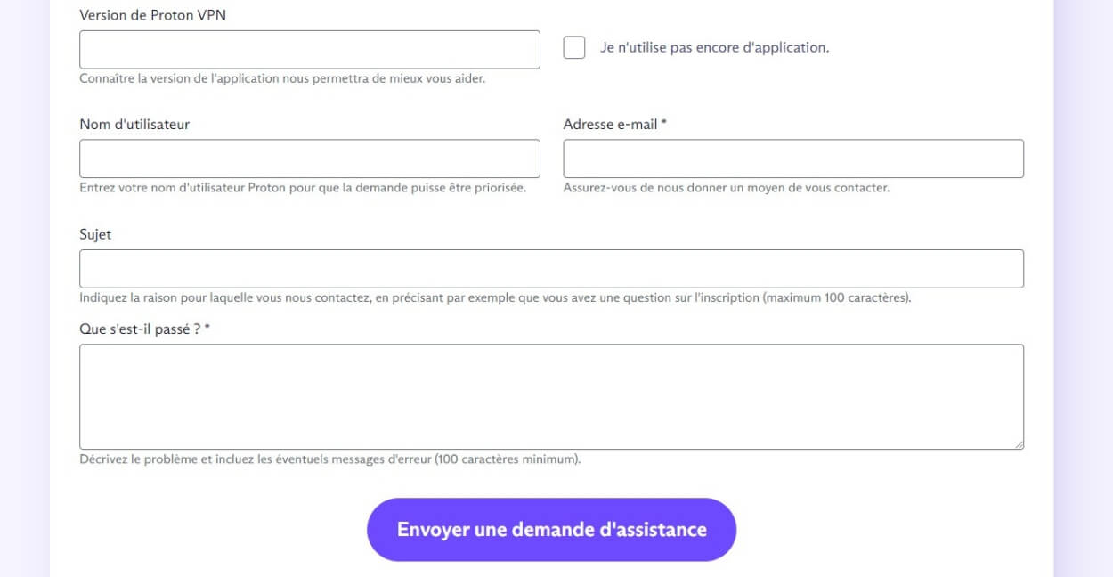 Formulaire de contact ProtonVPN