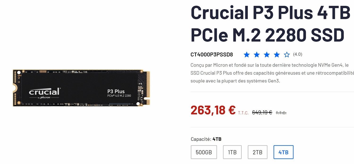 vend le SSD NVMe Crucial P3 Plus 4 To à prix FOU, erreur ou coup de  génie ? (-64%)