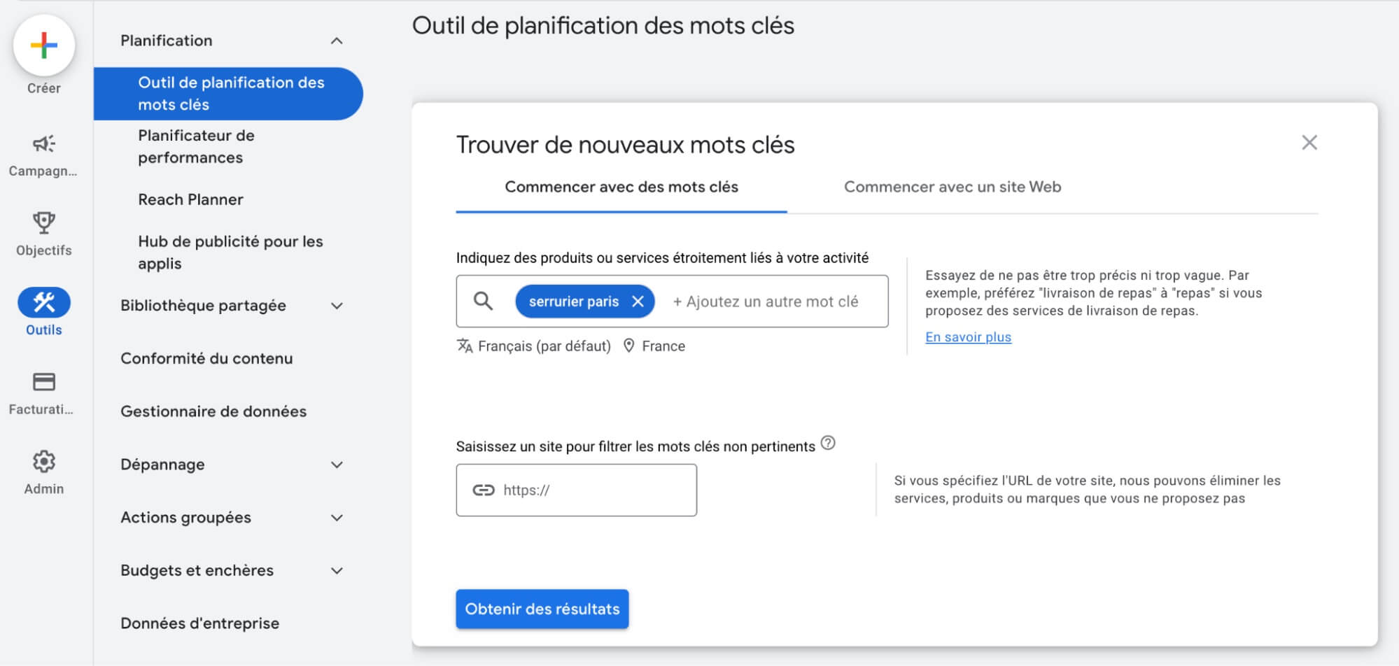 Google Keyword Planner Exemple Serrurier