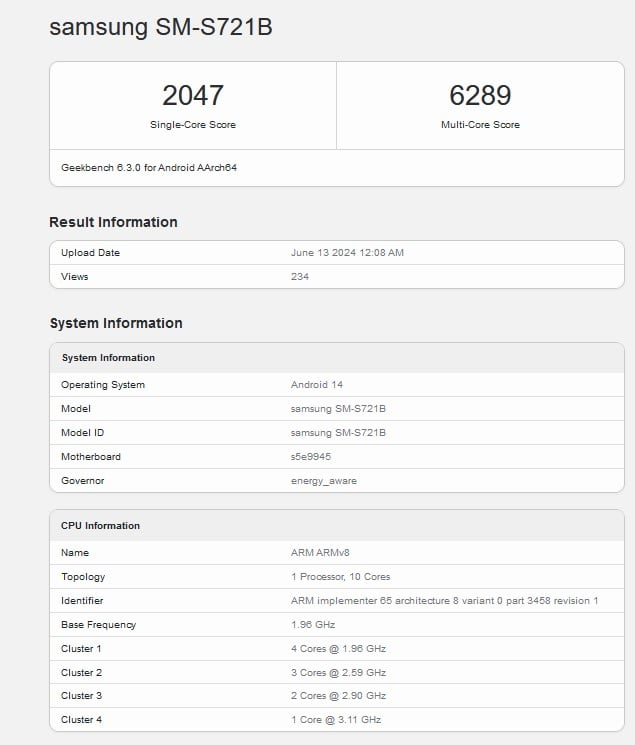 Geekbench Galaxy S24 Fe