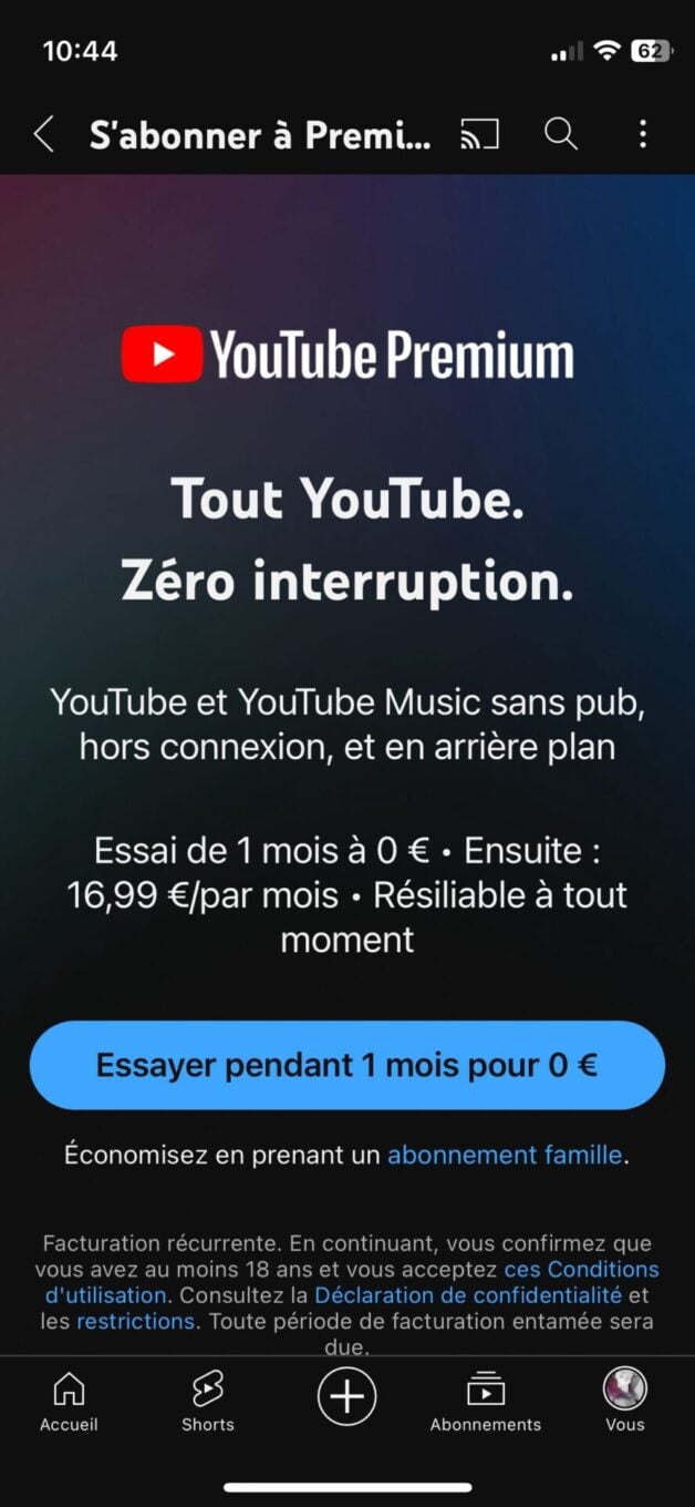 Youtube Premium Augmentation Tarif 1