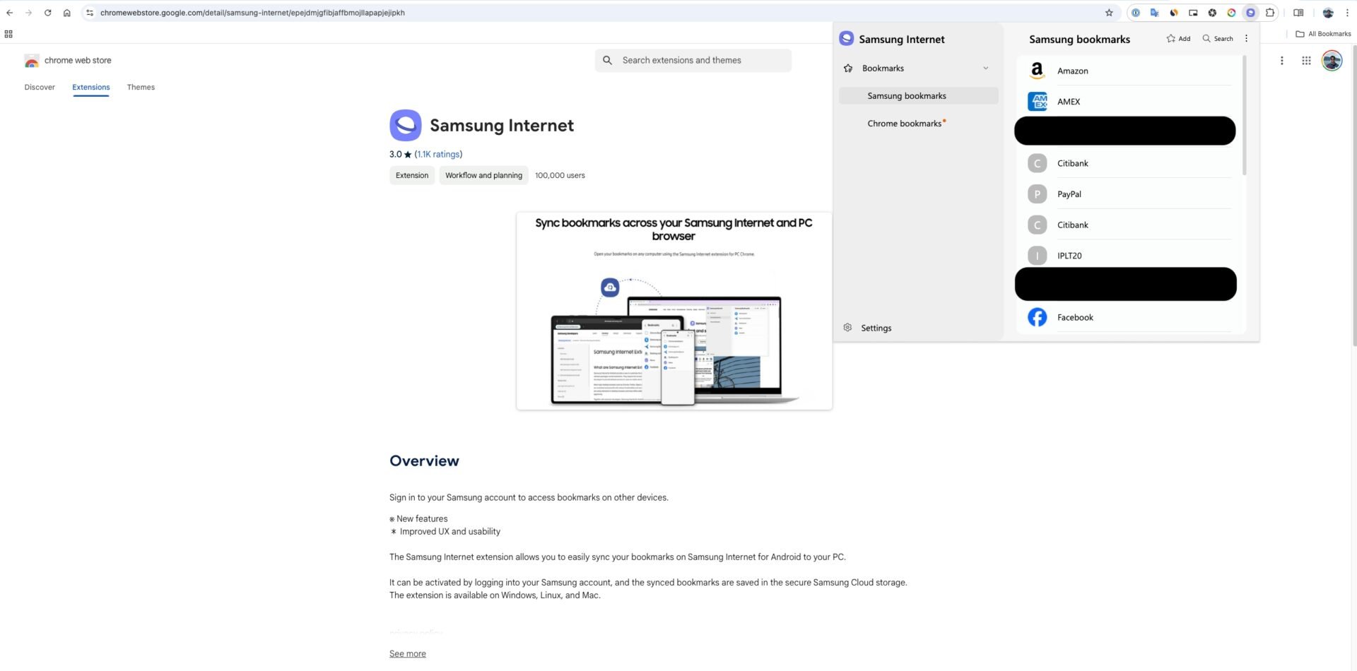 Samsung Internet Favoris Chrome Extension