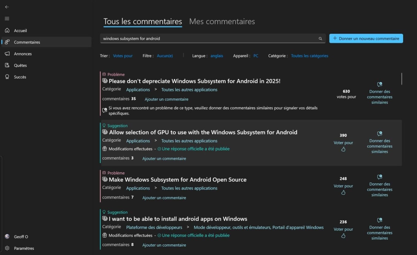 Windows Hub Commentaire Android Sous Systeme