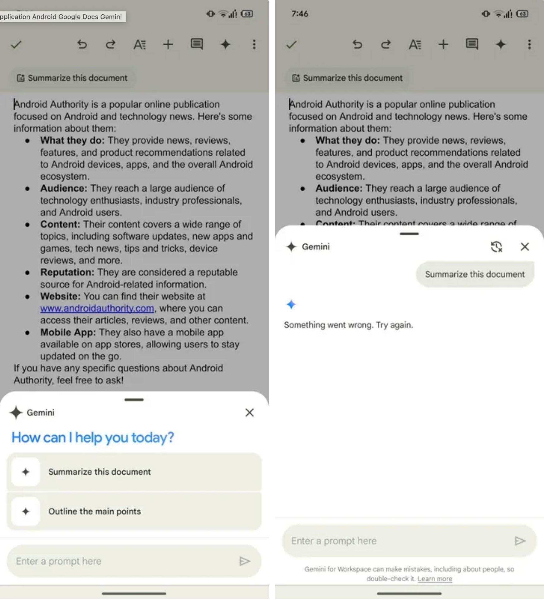 Gemini Google Docs Android