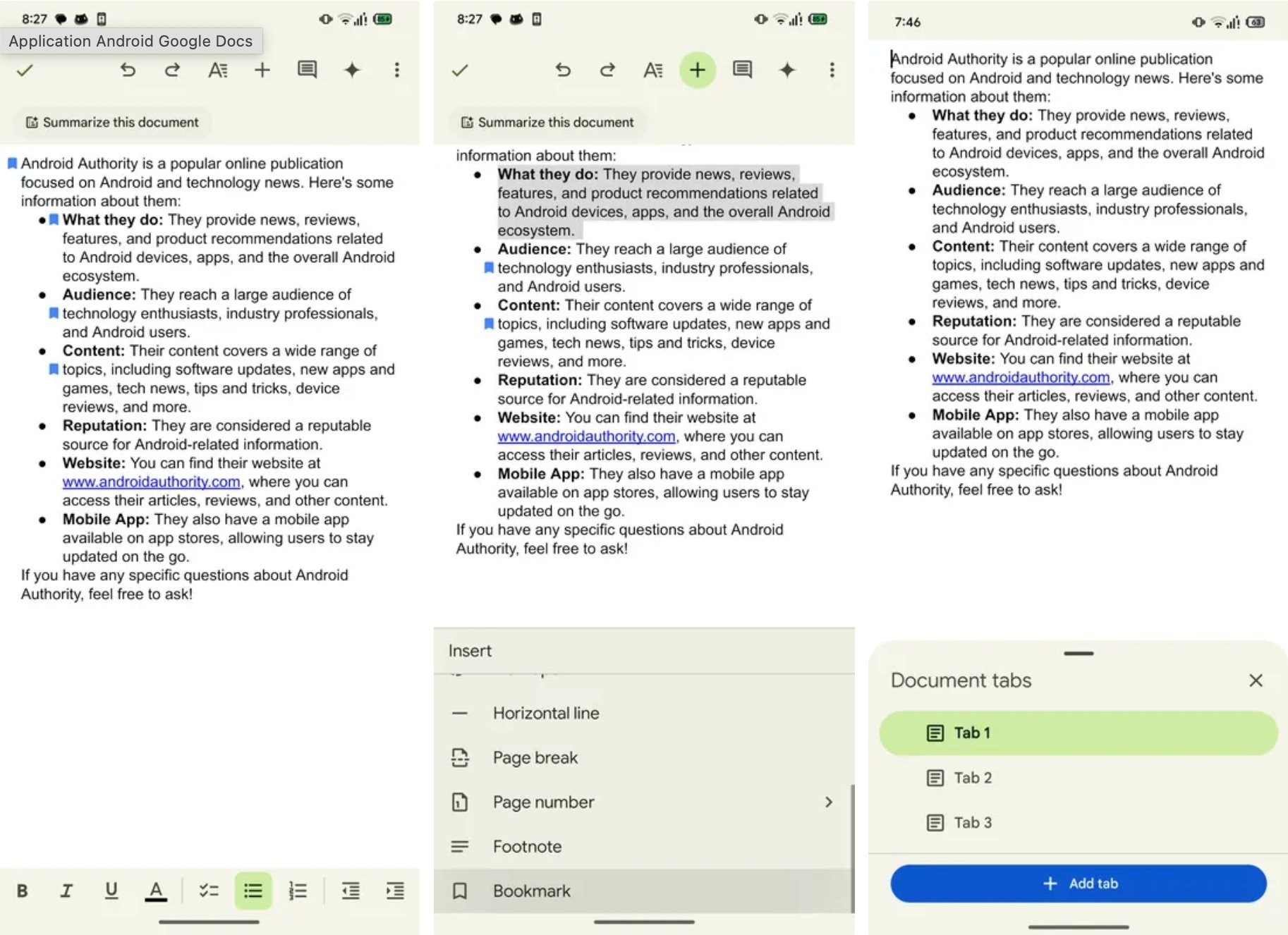 Google Docs Android Signets Onglets