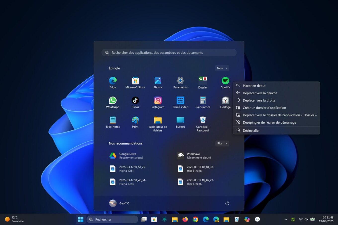 Windows 11 Menu Démarrer Options Déplacer Applications Création Dossier