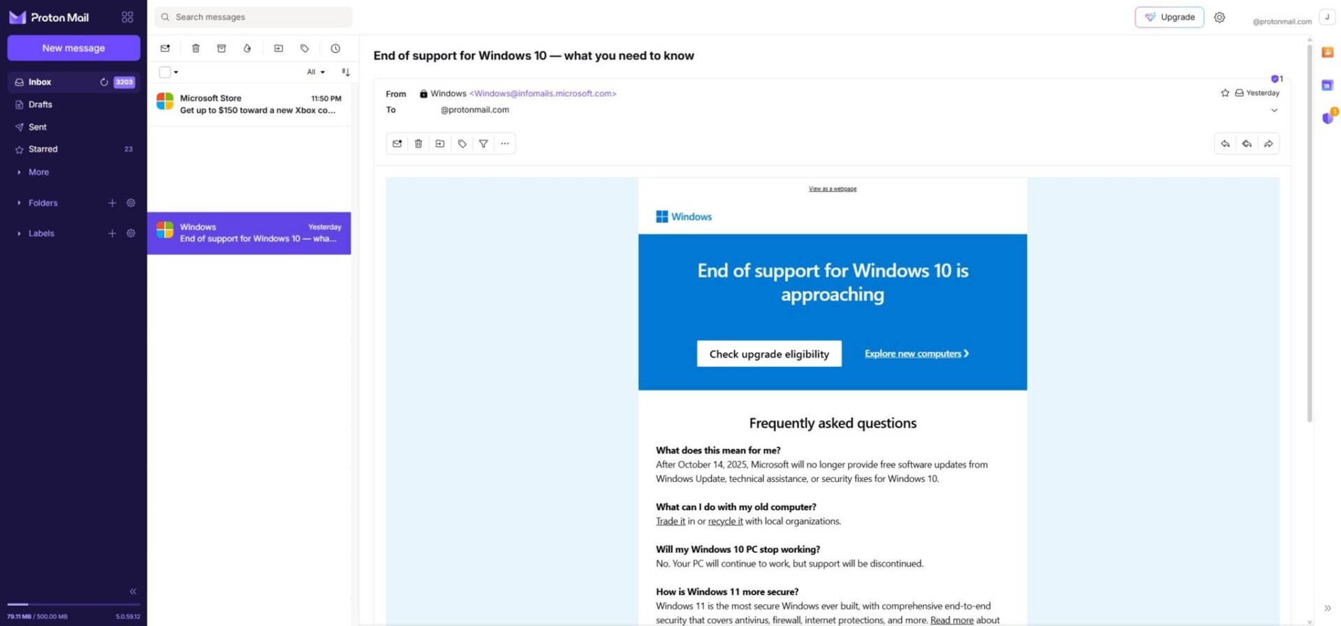 Microsoft Reminder Email About Windows 10 Retirement