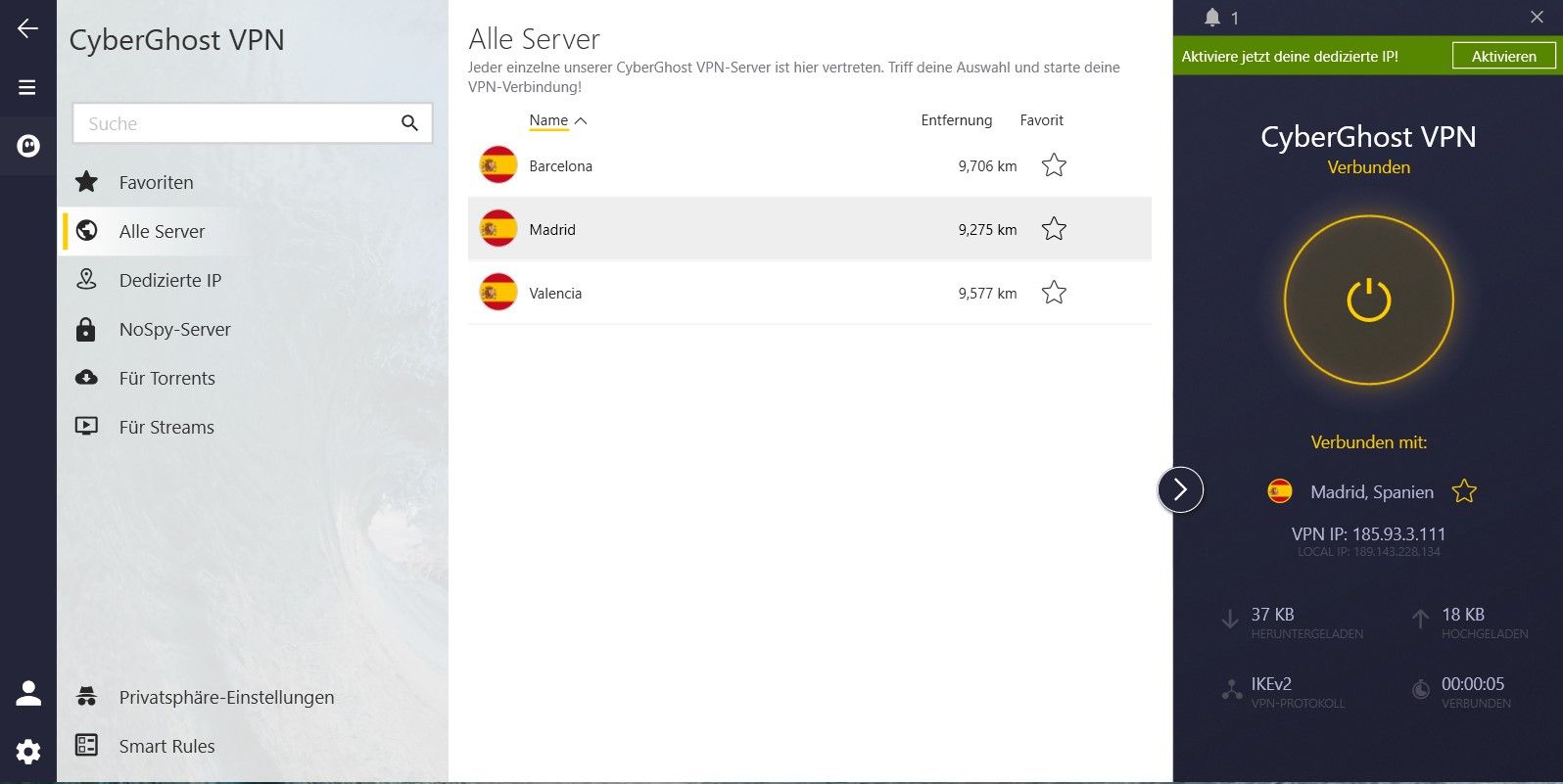 CyberGhost Server Spanien spanische IP-Adresse