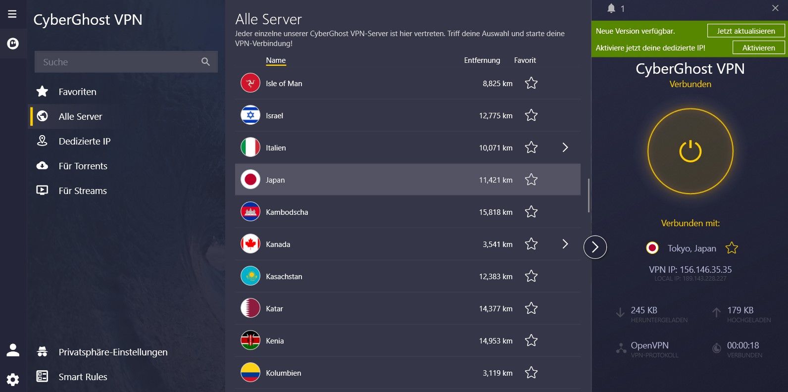 CyberGhost bestes VPN japanische IP-Adresse