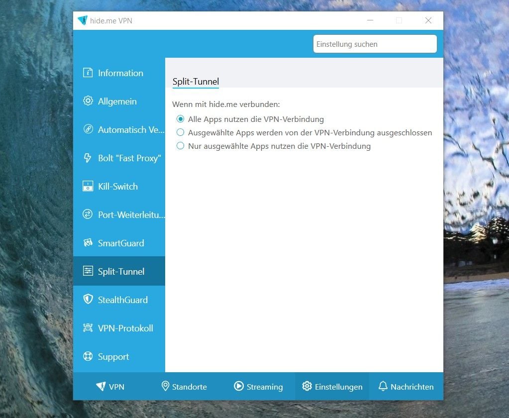 Hide.me Split Tunneling Funktionen