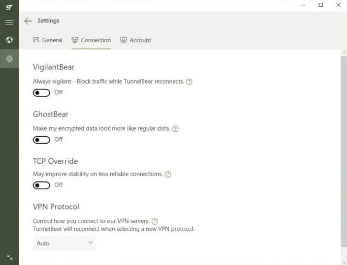 TunnelBear Einstellungen