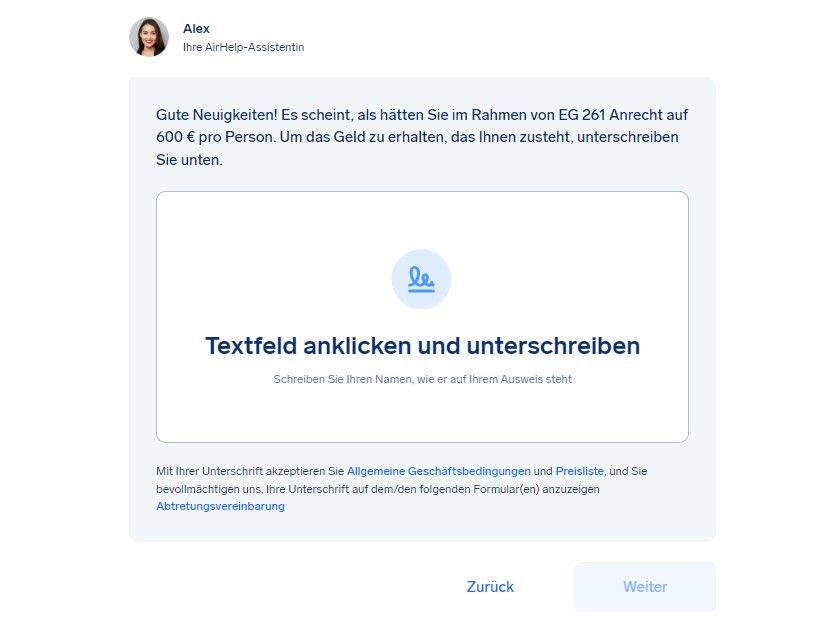 AirHelp Entschädigung Verspätete Flüge Unterschrift