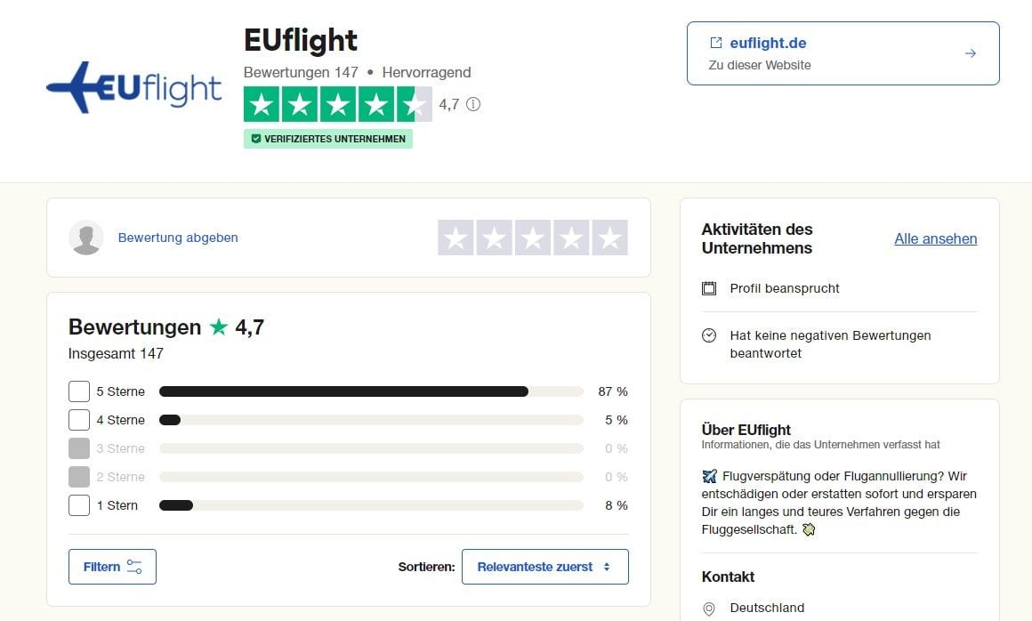 Euflight Entschädigung Erfahrungen Bewertung Trustpilot