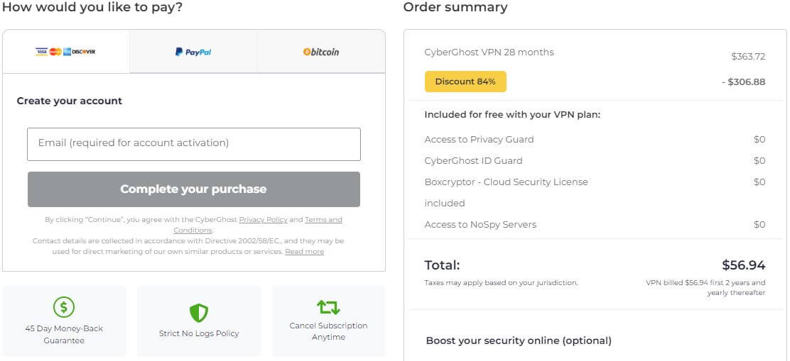 CyberGhost Purchase Process