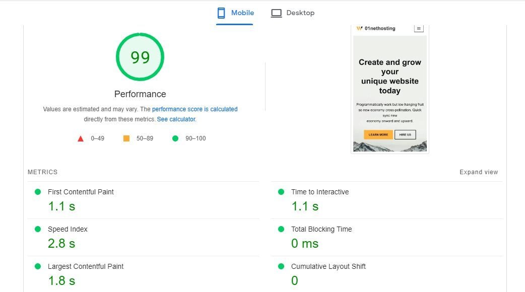 HostGator PageSpeed Insights Mobile