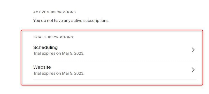 Click on the Trial Subscriptions Squarespace