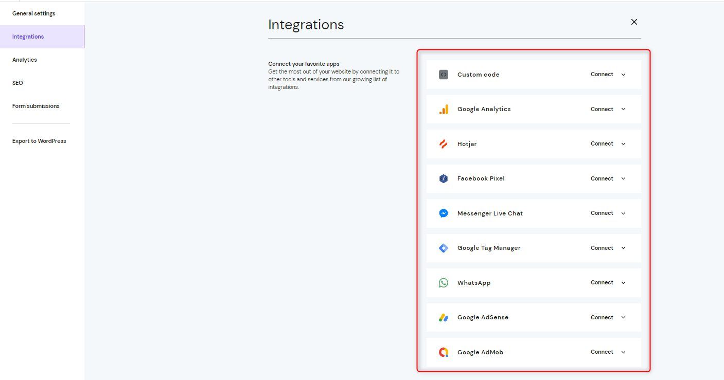 Connect Integrations Settings Hostinger Website Builder