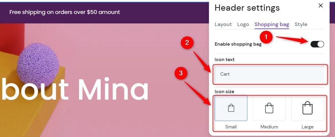 Header Shopping Bag Settings Hostinger Website Builder