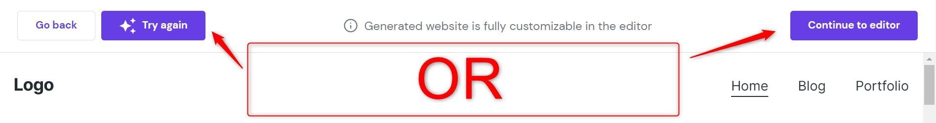 Try Again or Continue to Editor Hostinger Builder