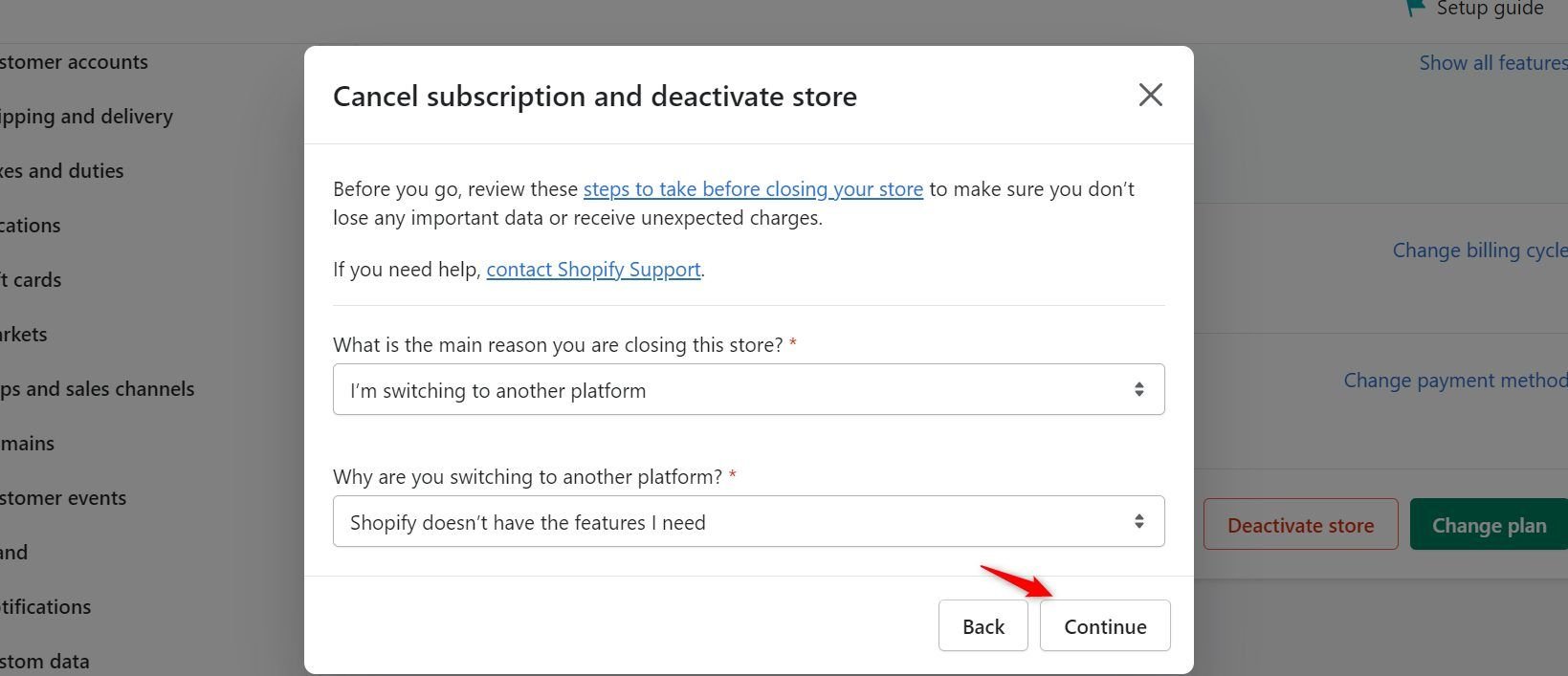 Shopify Continue Plan Cancelation