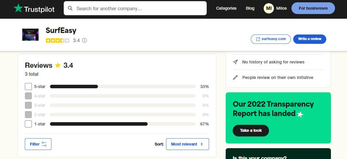 Surfeasy Trustpilot