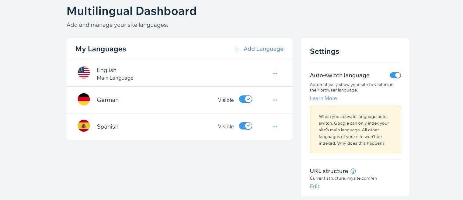 Wix Multilingual Dashboard