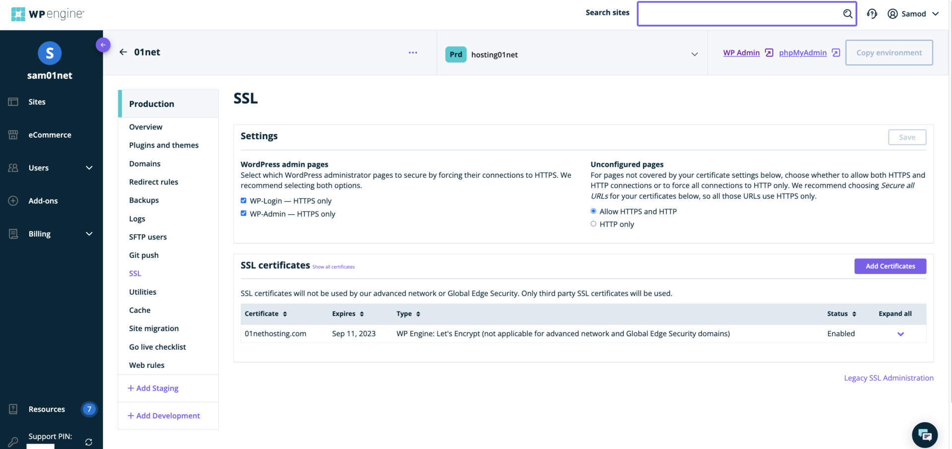 WP Engine Dashboard