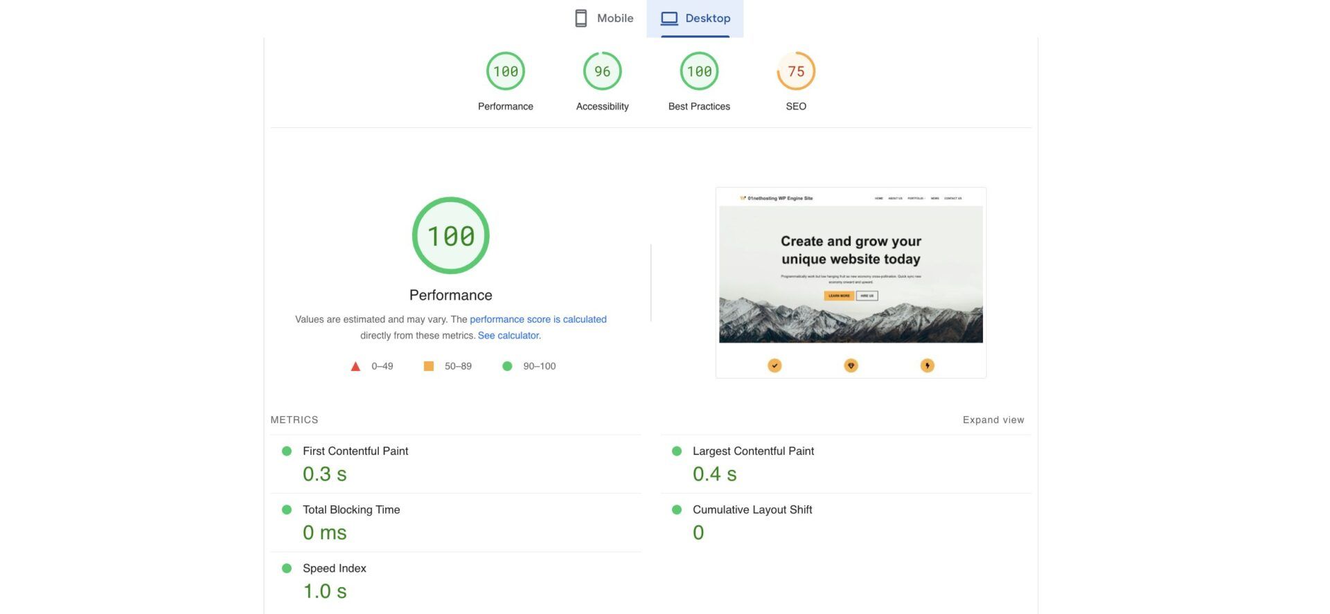 WP Engine PageSpeed Insights Desktop Test