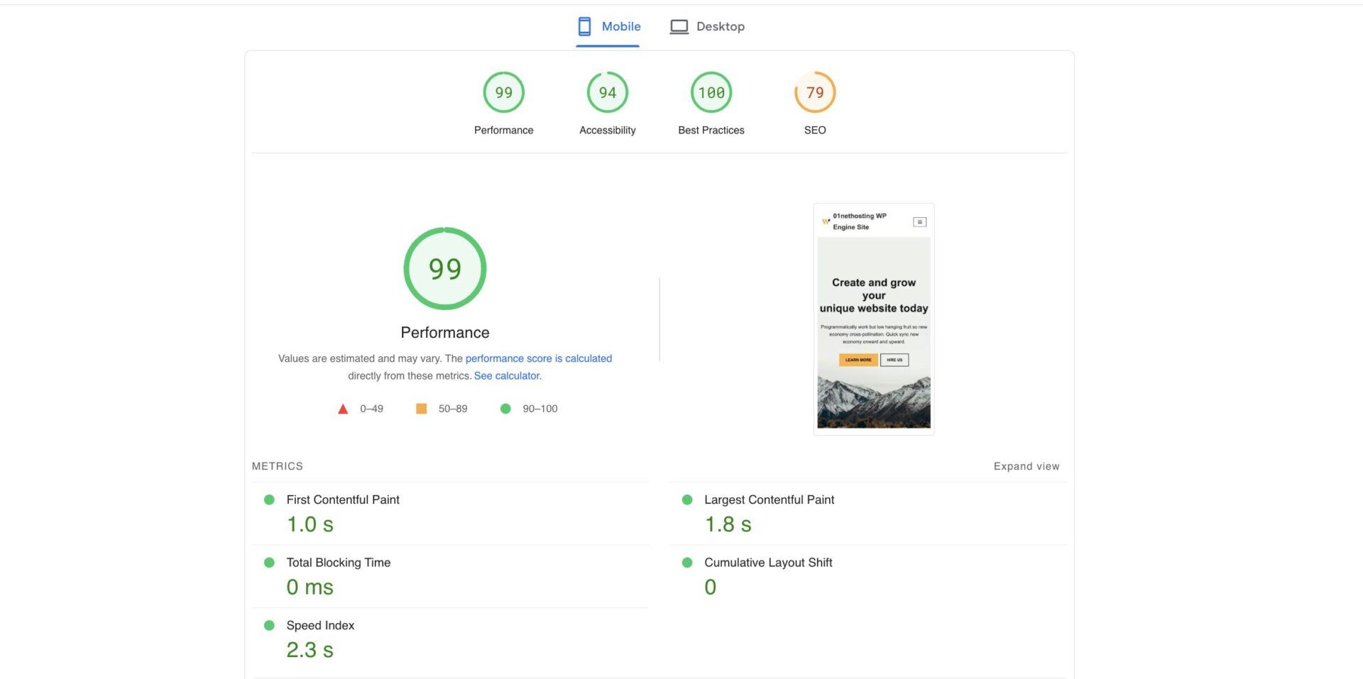 WP Engine PageSpeed Insights Mobile Test