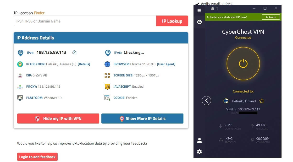 CyberGhost Finnish IP Check