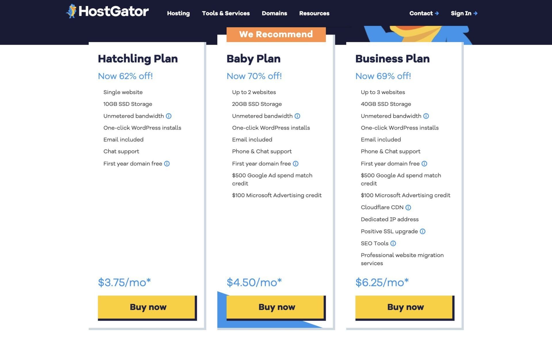 HostGator Shared Packages Pricing