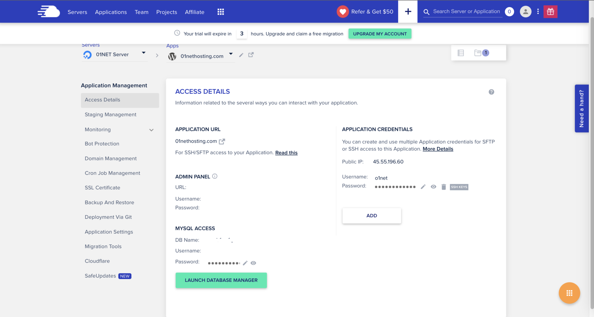 Cloudways Management Panel